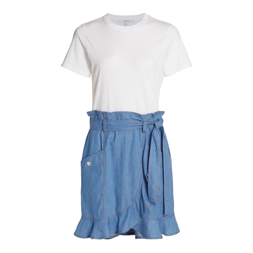 Derek Lam 10 Crosby Dress Blue White Chambray Ruffle Knit‎ Mini Summer 8 New